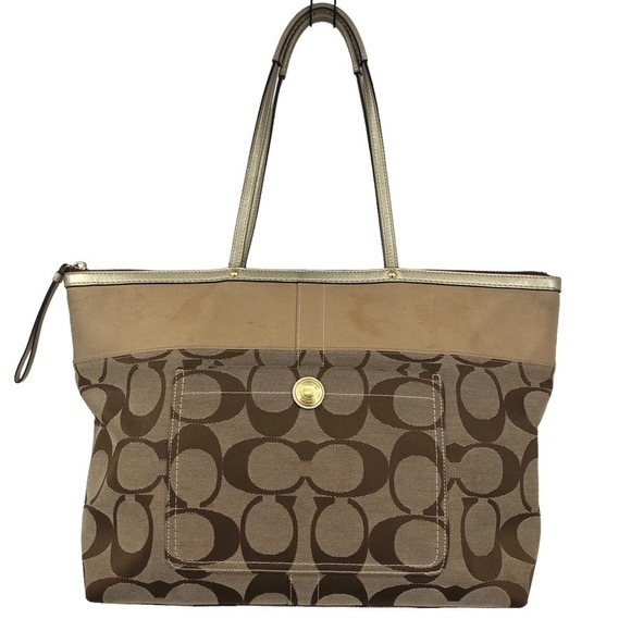 Coach Zippered East West Tote Bag Signature C Print Brown /Tan Gold Leather Trim - Picture 1 of 10